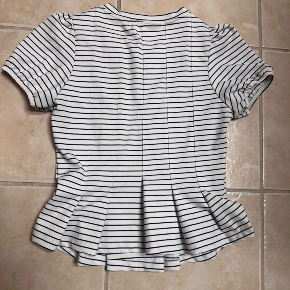 Maeve by Anthropologie Corset Peplum Puff Sleeves Striped Top